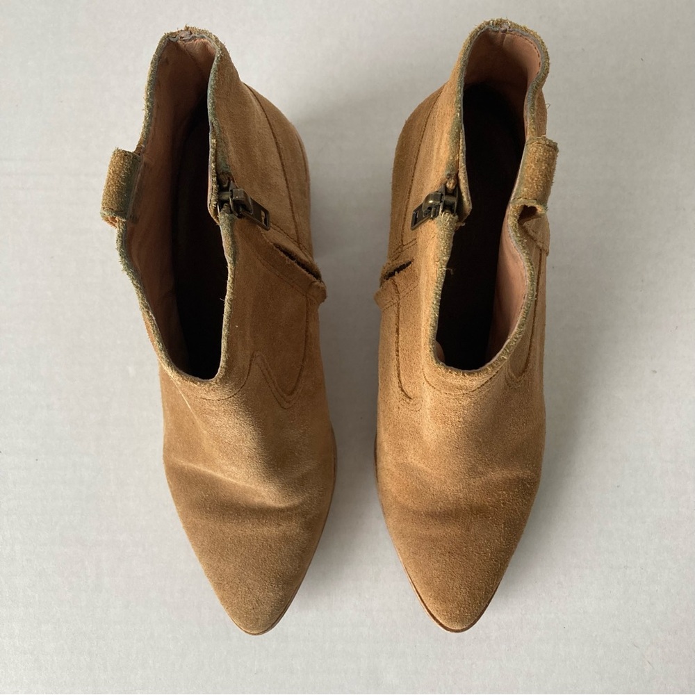 Madewell Tan Suede Pointed Toe Western Ankle Boots Stacked Block Heel Side Zip - Picture 2 of 10